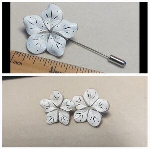 Leather White Lily Stick Pin Earrings Set Hand-Painted Floral Hat Pin